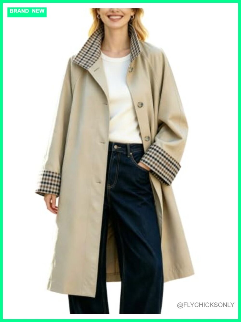 Womens Long Trench Coat Plaid Lined Jacket with Pockets